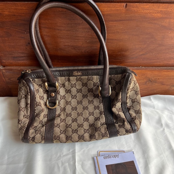 Authentic Gucci GG Canvas Abbey Boston Tote D-Ring Shoulder Leather Handbag - Picture 2 of 14